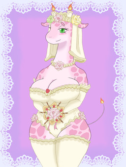 anthro big_breasts blush breasts clothed clothing dairy_products dress female food fur looking_at_viewer mature_female pink_body pink_fur simple_background smile solo tail wedding_dress whipped_cream lion_granny giraffe giraffid mammal hi_res