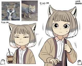 5_fingers ambiguous_gender beverage bodily_fluids clothed clothing coat creature_and_personification eyebrows fingers frown fully_clothed hair holding_beverage holding_object humanoidized inner_ear_fluff multicolored_hair narrowed_eyes photo_reference shirt short_hair simple_background smile solo sweat sweatdrop tan_hair topwear tuft two_tone_hair white_background white_clothing white_hair white_shirt white_topwear wide_eyed gegegekman canid canine fox humanoid mammal tibetan_sand_fox tibetan_sand_fox_humanoid true_fox 2026 hi_res reference_image