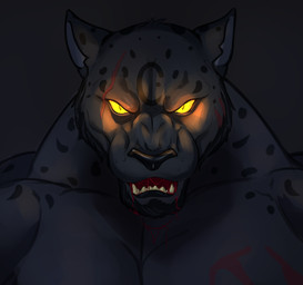 anthro black_background blood blood_in_mouth bodily_fluids fangs fur glowing glowing_eyes male markings muscular muscular_male neck_muscles scar simon_panther simple_background solo spots spotted_body teeth yellow_eyes yellow_sclera gimpis felid mammal pantherine absurd_res bust_portrait hi_res portrait
