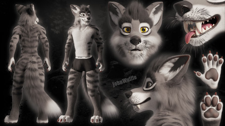 anthro black_hair bulge cheek_tuft claws clothing countershading facial_markings facial_tuft fangs fluffy fluffy_tail front_view fur grey_body grey_fur hair head_markings male markings multiple_angles nude open_mouth pawpads rear_view sabertooth_(anatomy) solo standing striped_body striped_fur stripes tail teeth tongue tongue_out tuft underwear whiskers yellow_eyes johnwulffe johnny_(johnwulffe) canid canine canis felid hybrid mammal pantherine tiger wolf 3d_(artwork) absurd_res digital_media_(artwork) hi_res model_sheet