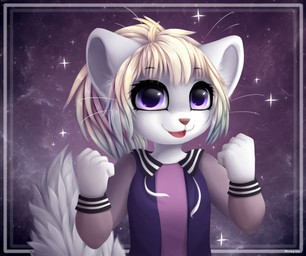 anthro blonde_hair clothed clothing cosmic_background eyebrow_through_hair eyebrows eyelashes female fluffy fluffy_tail front_view fur glistening glistening_eyes grey_inner_ear hair happy looking_at_viewer monotone_body monotone_fur open_mouth open_smile purple_eyes red_tongue smile solo space space_background star tail text tongue translucent translucent_hair white_ears white_tail bloominglynx 2020 artist_name digital_media_(artwork) digital_painting_(artwork) half-length_portrait painting_(artwork) portrait