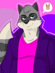 anthro biped black_nose blue_eyes clothed clothing duo facial_markings front_view fully_clothed head_markings male markings mask_(marking) outline pink_clothing pink_outline pink_topwear purple_outerwear ring_(marking) ringed_tail solo_focus speech_bubble striped_markings striped_tail stripes tail tail_markings topwear v-neck genchi mammal procyonid raccoon digital_media_(artwork) half-length_portrait portrait restricted_palette