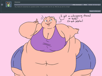 5_fingers anthro ask_blog bar_emanata belly big_belly big_breasts bottomwear breasts clothing crop_top denim denim_bottomwear denim_clothing denim_shorts dialogue emanata exclamation_point eyebrows eyelashes female fingers flabby_arms frill_(anatomy) gesture hand_gesture head_crest head_frill membrane_(anatomy) membranous_frill morbidly_obese morbidly_obese_female navel obese obese_anthro obese_female overweight overweight_anthro overweight_female pink_background pink_body pink_skin pointing pointing_up purple_eyes shirt shorts simple_background smile solo text thick_thighs topwear wide_hips batspid2 juna_(batspid2) lizard reptile scalie 2018 4:3 digital_drawing_(artwork) digital_media_(artwork) english_text flat_colors