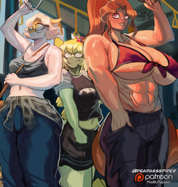 5_fingers abs anthro back_spikes big_breasts big_butt bikini bikini_top black_bottomwear black_clothing black_skirt blonde_hair bone_frill bottomwear breast_envy breasts bubble_butt butt claws clothing crop_top cross-popping_vein curvy_figure denim denim_bottomwear denim_clothing detailed_background eyelashes eyewear female finger_claws fingers frill_(anatomy) glasses glistening glistening_arms glistening_body glistening_breasts glistening_scales green_hair grey_clothing grey_crop_top grey_shirt grey_topwear group hair hand_in_pocket huge_breasts huge_thighs inside jeans light-skinned_female light_body light_skin long_hair long_tail midriff multicolored_body multicolored_scales muscular muscular_female muscular_human navel orange_body orange_hair orange_scales pale_body pale_scales pants patreon_logo pockets ponytail purse red_bikini_top red_eyes scales shirt short_hair skirt snout spiked_tail spikes spikes_(anatomy) subway swimwear t-shirt tail teal_eyes text thick_thighs topwear trio twintails_(hairstyle) two-piece_swimsuit two_tone_body two_tone_scales voluptuous voluptuous_anthro voluptuous_female white_body white_scales wide_hipped_anthro wide_hipped_female wide_hips yellow_eyes deadassspider cavemanon_studios patreon snoot_game claire_(snoot_game) cynthia_(snoot_game) melissa_(snoot_game) dinosaur hadrosaurid human hybrid mammal ornithischian ornithopod parasaurolophus prehistoric_species reptile scalie stegosaurian stegosaurus thyreophoran 2026 absurd_res artist_name digital_drawing_(artwork) digital_media_(artwork) hi_res watermark sibling_(lore) sister_(lore) sisters_(lore)