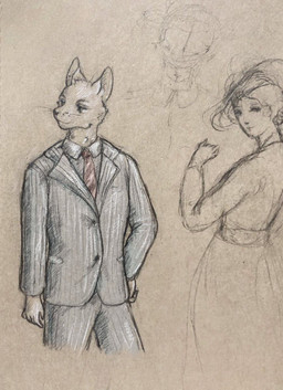 accessory anthro bottomwear clothing duo ears_up eyebrows female hat headgear headwear looking_at_viewer looking_forward male male/female necktie pants shirt skirt suit topwear wearing_hat reynard_goodfellow domestic_cat felid feline felis human mammal hi_res