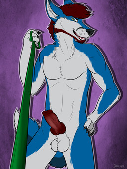 animal_genitalia animal_penis anthro balls canine_genitalia canine_penis dominant dominant_male erection genitals knot leash leash_pull leashed_viewer male multicolored_body nude penis simple_background solo two_tone_body dolar canid canine mammal 3:4 hi_res