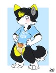 anthro black_body black_fur blue_clothing blue_eyes blue_shirt blue_topwear blush bodily_fluids bulging_diaper cheek_tuft clothed clothing diaper dipstick_ears dipstick_hair ear_markings embarrassed facial_tuft fur genital_fluids hand_on_hip looking_down male multicolored_body multicolored_ears multicolored_fur pantsless puffed_cheeks shirt soiled_diaper solo standing tail toddler topwear tuft unclean_diaper urine used_diaper wet_diaper white_body white_fur yellow_body yellow_fur young young_anthro young_male bbawua canid canine canis domestic_dog husky mammal nordic_sled_dog spitz hi_res