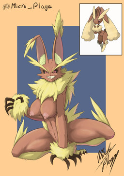 anthro arm_tuft black_sclera blue_background brown_body brown_claws brown_fur cheek_tuft claws ear_tuft eyebrows eyelashes facial_tuft female front_view fur inner_ear_fluff looking_at_viewer navel neck_tuft nude orange_background pink_nose red_eyes simple_background solo thick_eyebrows thick_thighs tuft wide_hips wrist_tuft yellow_body yellow_fur michi_plaga nintendo pokemon generation_4_pokemon lopunny paradox_pokemon pokemon_(species) hi_res