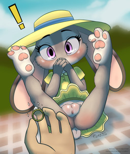 anthro blush bottomless bottomwear butt clothed clothing duo feet female genitals grey_body hat headgear headwear outside pawpads pink_pawpads purple_eyes ring scut_tail short_tail skirt spread_legs spreading tail upskirt vulva furnut disney zootopia judy_hopps lagomorph leporid mammal rabbit 2023 absurd_res hi_res