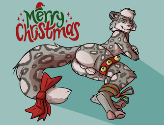 anthro balls bdsm bondage bound butt crossed_arms fur genitals grey_body grey_fur hair holidays legs_tied looking_at_viewer male nude penis seductive simple_background smile solo spots white_body mindoffur christmas sky_(mindoffur) felid leopard mammal pantherine snow_leopard digital_media_(artwork)