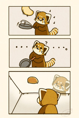 ambiguous_gender biped black_eyes black_nose chibi dot_eyes ellipsis feral food kemono pancake question_mark sad simple_eyes solo shi_nominmin ailurid mammal red_panda 2025 comic hi_res