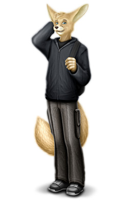 anthro backpack blue_eyes boots bottomwear clothing footwear hoodie male pants shoes simple_background smile solo topwear white_background dan_scarlet canid canine fennec_fox fox mammal true_fox hi_res