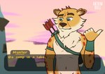 anthro arrow_(weapon) chest_tuft eyebrows gesture hand_gesture male nude pointing quiver_(object) raised_eyebrow ranged_weapon solo speech_bubble text tuft weapon antrimbull activision spyro_the_dragon hunter_(spyro) cheetah felid feline mammal english_text hi_res