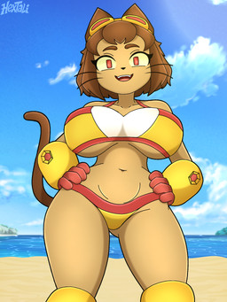 animal_ears anthro big_breasts bikini bikini_bottom bikini_top breasts brown_body brown_fur brown_hair cat_tail cleavage clothed clothing female fur hair hands_on_hips solo swimwear tail thick_thighs two-piece_swimsuit wide_hips hextali gameoverse glitch_productions kit_bodega animal_humanoid felid felid_humanoid feline feline_humanoid humanoid mammal mammal_humanoid 2026 3:4 4k absurd_res alternate_version_at_source digital_media_(artwork) hi_res watermark
