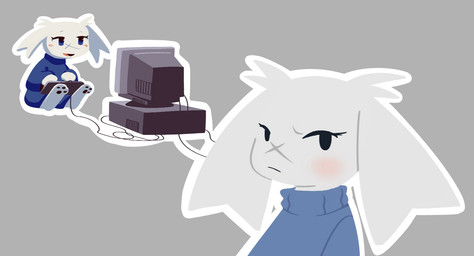 3_toes ambiguous_gender anthro barefoot black_eyes blue_clothing blue_eyes blue_sweater blue_topwear blush blush_stickers bottomless closed_frown clothed clothing computer_monitor eyelashes facial_scar feet frown fur furrowed_eyebrows gaming hair looking_at_viewer mouth_closed open_mouth open_smile outline pawpads playing_video_game scar smile solo sweater sweater_only thick_outline toes topwear topwear_only white_body white_fur white_hair white_outline x_scar oofmasterxd cave_story sue_sakamoto lagomorph mammal mimiga 2025 hi_res multiple_images widescreen female_(lore)