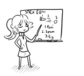 chalkboard clothed clothing disembodied_penis drawing_(object) drawing_in_a_drawing eyewear female genitals glasses hair human_only humor information_board male not_furry ovum penis sex_education simple_background smile solo sperm_cell teacher text what white_background backsash human mammal english_text hi_res monochrome sketch