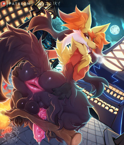 anthro anus balls biped black_body blep butt detailed_background fur genitals looking_at_viewer looking_back male multicolored_body nude outside penis pupils smile solo spread_butt spreading tongue tongue_out wizzikt nintendo pokemon generation_9_pokemon mega_delphox mega_evolution pokemon_(species) hi_res