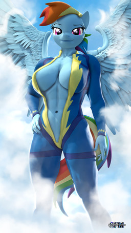 anthro anthrofied breasts cleavage clothed clothing cloud female hair hand_on_hip jumpsuit looking_at_viewer multicolored_hair purple_eyes rainbow_hair solo unzipped wings wonderbolts_uniform zipper anthroponiessfm friendship_is_magic hasbro my_little_pony mythology rainbow_dash_(mlp) equid equine horse mammal mythological_creature mythological_equine pegasus pony 3d_(artwork) 9:16 digital_media_(artwork) hi_res