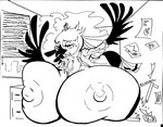 anthro areola beak big_breasts blush breast_expansion breasts expansion female growth huge_breasts hyper hyper_breasts macro nipples non-mammal_breasts non-mammal_nipples perfume secretary solo liechi aggretsuko sanrio secretary_washimi accipitriform avian bird secretary_bird hi_res monochrome