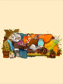 anthro bedding blanket book cactus clothing container cup curly_hair duo eyewear female female/female furniture glasses hair hug pillow plant sleeping sofa tea_cup wearing_glasses korio koriofox maya_(chaikawifika) bovid canid canine caprine fox goat mammal absurd_res hi_res