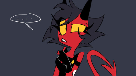 black_hair ellipsis eyebrows female hair horn long_tail raised_eyebrow red_body red_skin simple_background solo spade_tail tail yellow_eyes emositecc hellaverse helluva_boss millie_(helluva_boss) demon demon_humanoid humanoid imp 16:9 colored hi_res widescreen