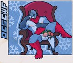 anthro barazoku beard blue_background blue_body blue_fur border chair clothed clothing clothing_aside facial_hair footwear fur furniture jockstrap jockstrap_aside knee_highs knee_socks legwear looking_at_viewer male mistletoe mistletoe_on_penis muscular muscular_male nipples orange_eyes partially_clothed pattern_background pecs plant simple_background socks solo sweater tail thick_thighs topwear underwear underwear_aside outcast-stars weyland_here gulonine mammal mustelid musteline wolverine absurd_res hi_res