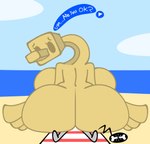 anthro avian beach beach_towel big_butt bird bone_breaking butt butt_crush crush dialogue faceless_character faceless_male female hi_res huge_butt hyper hyper_butt macro male mario_bros nintendo sand sand_bird_(mario) sandy_(skeletonhearts) sea skeletonhearts solo speech_bubble super_mario_sunshine towel water worried