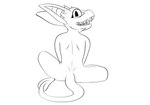 anthro big_ears black_and_white female hi_res horn kobold monochrome rear_view simple_background sketch slomnir smile solo spade_tail tail