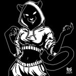 anthro black_background black_body black_fur black_shading bottomwear breasts claws clothing curvy_figure fangs female finger_claws fur hood_up hoodie looking_at_viewer midriff monotone_background navel open_mouth outline pants raised_arms simple_background smile smiling_at_viewer solo sweatpants sweatshirt tail teeth tongue topwear white_bottomwear white_clothing white_eyes white_nose white_outline white_tongue white_topwear ezeeshady felid mammal pantherine 1:1 2024 digital_media_(artwork) monochrome pixel_(artwork) signature