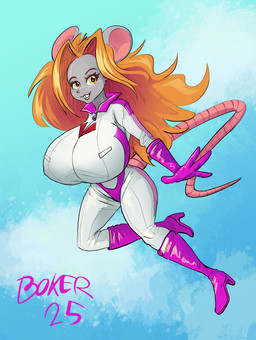 anthro big_breasts blue_background boots breasts clothing female footwear fur gloves grey_body grey_fur hair hair_intakes handwear high_heeled_boots high_heels huge_breasts long_hair nipple_outline orange_hair pink_boots pink_clothing pink_footwear pink_gloves pink_handwear racing_suit shoes simple_background smile solo tail text thick_thighs wide_hips yellow_eyes boker vacanti_(boker) mammal murid murine rat rodent artist_name full-length_portrait portrait signature