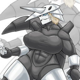 abs aggron anthro anthrofied big_breasts blonde_hair breasts female grey_body hair hi_res metallic_body muscular muscular_female nintendo pokémon pokémon_(species) solo torfur video_games