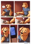 2023 anthro blue_eyes canid canine cellphone clothed clothing comic electronics english_text flip_phone fur hi_res male mammal meesh phone solo speech_bubble text travis_peake_(meesh) yellow_body yellow_fur