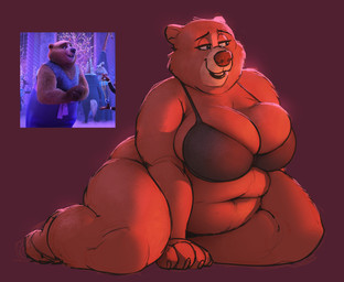 anthro big_breasts black_nose bra breasts brown_body brown_fur claws clothing facial_markings female finger_claws fingers fur head_markings huge_breasts kneeling markings mature_anthro mature_female muzzle_(marking) navel overweight overweight_anthro overweight_female smile solo thick_thighs underwear wide_hips de4dset disney zootopia the_bearoness bear brown_bear mammal ursine hi_res reference_image