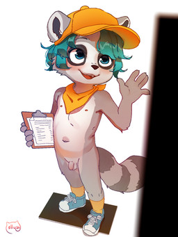 anthro balls black_nose blue_clothing blue_eyes blue_footwear blue_shoes blue_sneakers blush casual_nudity cheek_tuft claws clipboard clothing countershade_balls countershade_face countershade_fur countershade_genitalia countershade_penis countershade_torso countershading eye_markings facial_markings facial_tuft finger_claws flaccid footwear foreskin fur furgonomic_hat furgonomic_headwear furgonomics genitals gesture grey_body grey_fur hair hat head_markings headgear headwear high-angle_view holding_clipboard holding_object humanoid_genitalia humanoid_penis kerchief logo male male_anthro markings mask_(marking) micropenis mostly_nude_anthro mostly_nude_male navel neckerchief neckwear nipples open_mouth open_smile penis scout_uniform shoes simple_background small_balls small_penis smile sneakers socks solo standing striped_markings striped_tail stripes tail tail_markings teal_hair text tuft unretracted_foreskin waving waving_hand yellow_clothing yellow_footwear yellow_hat yellow_headwear yellow_kerchief yellow_neckerchief yellow_socks young young_anthro young_male elly_(artist) mammal procyonid raccoon 2026 3:4 artist_logo artist_name dated digital_drawing_(artwork) digital_media_(artwork) full-length_portrait hi_res portrait