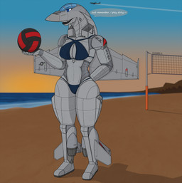 aircraft airplane anthro ball beach bikini biped breasts clothing dialogue f/a-18 female looking_at_viewer machine open_mouth solo standing swimwear text two-piece_swimsuit vehicle volleyball_(ball) wings gambla aircraft_humanoid living_aircraft living_airplane living_machine living_vehicle absurd_res hi_res