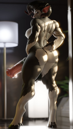 animal_genitalia animal_penis anthro balls big_balls big_breasts big_penis blurred_background bodily_fluids breasts butt equine_genitalia equine_penis erection furniture_lamp genital_raphe genitals grey_body gynomorph hair half-closed_eyes highlights_(coloring) hooves horn intersex light looking_down mismatched_animal_genitalia mismatched_animal_penis mismatched_genitalia mismatched_penis muscular narrowed_eyes nipples nude penile penis plant raphe_(anatomy) scrotal_raphe solo sunlight tail white_body jinsang_(artist) leodamodeler_(modeler) stella_(leodamodeler) bovid caprine goat mammal 3d_(artwork) 4k 9:16 absurd_res digital_media_(artwork) hi_res