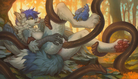anthro anus blue_hair blue_tail claws consentacles digitigrade dipstick_tail female feral fluffy fluffy_tail fur genitals grey_body grey_claws grey_fur hair humanoid_genitalia humanoid_vulva markings pawpads penetration pink_nose pink_pawpads sex solo tail tail_markings tentacle_sex tentacles vaginal vaginal_penetration vulva white_body white_fur white_tail_tip wings yellow_eyes hioshiru gabriel_serealia north_(gabriel_serealia) avian bird enfield 2025