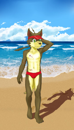 anthro band-aid bandage beach bulge clothed clothing green_eyes hat headgear headwear male red_clothing red_speedo red_swimwear sand scar sea seaside solo speedo swimwear topless visor_cap water young sceptile_(artist) canid canine canis domestic_dog mammal hi_res