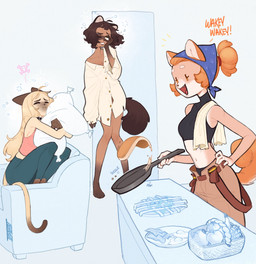 anthro biped blonde_hair bottomless bottomwear brown_body brown_hair brown_skin clothed clothing cooking female food group hair hair_bun hand_on_hip headscarf hug hugging_object hugging_pillow hungover light_body light_skin long_hair long_tail messy_clothing open_mouth pancake pants partially_clothed pillow shirt short_hair sitting standing suspenders tail tank_top text tired topwear towel trio tealst felice_(tealst) hazel_(tealst) maple_(tealst) animal_humanoid canid canid_humanoid canine canine_humanoid felid felid_humanoid humanoid mammal mammal_humanoid rodent rodent_humanoid sciurid sciurid_humanoid tanuki_humanoid tree_squirrel_humanoid hi_res