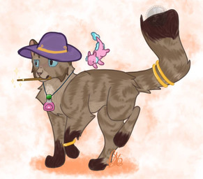 blue_eyes bracelet brown_paws brown_tail_tip dipstick_tail feral fur gold_(metal) gold_bracelet gold_jewelry gold_tail_ring grey_body grey_fur jewelry markings necklace potion_bottle quadruped solo tail tail_markings wand_in_mouth icetailwarrior warriors_(book_series) ambient_axolotl domestic_cat felid feline felis mammal 2023