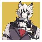 anthro canid canine canis clothing drakeposting eyes_closed fingerless_gloves fur gloves hair handwear harness leather leather_harness male mammal meme mihoyo ring_(jewelry) shirt solo spoon_kudasai topwear von_lycaon white_body white_fur white_hair wolf zenless_zone_zero