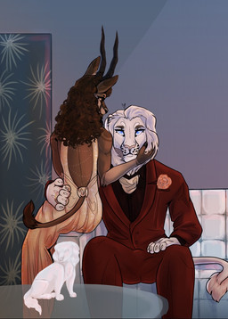alternate_species anthro arm_around_another black_horn black_nose blue_eyes bottomwear brown_body brown_eyes brown_fur brown_hair caressing_cheek claws clothed clothing curly_hair dress duo eyebrows female front_view fully_clothed fur furniture furrification hair hand_on_another's_cheek horn leucistic long_hair male male/female mane on_sofa pants pink_nose rear_view red_bottomwear red_clothing red_pants red_suit red_suit_jacket sculpture sitting sitting_on_sofa snout sofa statue suit table tail tail_tuft tuft whisker_spots whiskers white_body white_claws white_fur white_mane white_sofa white_whiskers yellow_clothing yellow_dress chorny_vasiliok the_hunger_games coriolanus_snow lucy_gray_baird antelope bovid felid gazelle lion mammal pantherine 2025 digital_drawing_(artwork) digital_media_(artwork) shaded soft_shading
