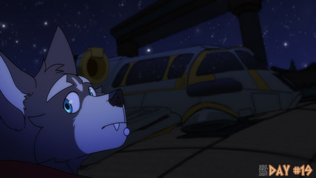 anthro black_nose blue_eyes cape clothing fang_out fur grey_body grey_fur looking_back male piercing pillar sky solo spacecraft star starry_sky vehicle window_reflection soradezwolfox adastra adastra_(series) echo_project amicus_(adastra) canid canine canis mammal wolf 16:9 2024 hi_res widescreen