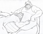 anthro beard belly belly_hug belly_rub big_belly clothing cuddling duo eyes_closed facial_hair hand_on_partner head_on_belly horn hug male male/male muscular muscular_anthro muscular_male nude overweight overweight_anthro overweight_male resting scruffy shirt sleeping tank_top thick_thighs topwear shogo87 mythology crocodile crocodilian crocodylid dragon mythological_creature mythological_scalie reptile scalie traditional_media_(artwork)