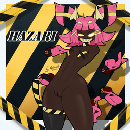 2_horns anthro biped black_text blush breasts brown_body clenched_teeth eyebrows eyelashes female fingers floating_hands genitals hair hazard_stripes horn looking_at_another motion_lines name_drop nude open_mouth open_smile pink_hair shadow sharp_teeth smile solo standing teeth text vulva latiar kirby_(series) nintendo hazari_(latiar) arachnid arthropod 1:1 2026 english_text hi_res signature
