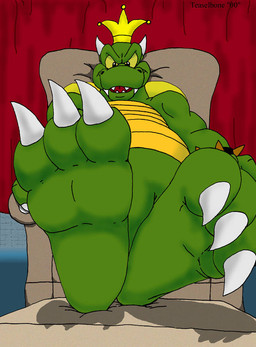 2_horns 3_toes anthro bracelet chair claws crossed_legs crown curtains fangs feet finger_claws foot_fetish foot_focus furniture green_body green_sclera headgear horn jewelry male male_anthro narrowed_eyes open_mouth scales shell spiked_bracelet spikes teeth throne throne_room toe_claws toes tongue turtle_shell ventral_scales yellow_body teaselbone mario_bros nintendo king_koopa koopa reptile scalie turtle 2000