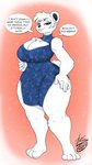 anthro asian_clothing big_breasts breasts chest_tuft chinese_clothing chinese_dress cleavage clothed clothing curvy_figure dialogue dress east_asian_clothing female grey_eyes hand_on_hip solo text thick_thighs tuft voluptuous wide_hips lunarspy nadenka_(jwinkz) bear mammal polar_bear ursine absurd_res english_text hi_res