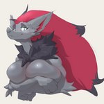 anthro bedroom_eyes big_breasts breasts covering covering_breasts female hair long_hair looking_at_viewer narrowed_eyes neck_tuft red_hair seductive simple_background smile solo tuft diagamon nintendo pokemon generation_5_pokemon pokemon_(species) zoroark 2023