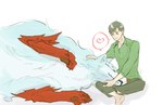 clothed clothing duo feral fingers head_on_lap headpat heart_symbol male male/male on_lap paws petting resting_head simple_background size_difference smile mk_sdc_fm campfire_cooking_in_another_world_with_my_absurd_skill fel_(fenrir) mukoda_tsuyoshi canid canine canis human mammal wolf 2023 digital_media_(artwork)