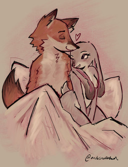 anthro bed bed_sheet bedding black_nose blush breasts brown_body brown_fur cheek_tuft chest_tuft dipstick_ears dipstick_tail duo ear_markings ears_down eyelashes eyes_closed eyeshadow facial_tuft female female_anthro fur furniture grey_body grey_fur heart_symbol makeup male male/female male_anthro markings multicolored_body multicolored_ears multicolored_fur nipples nude nude_anthro nude_female one_eye_closed orange_body orange_fur pillow pivoted_ears scut_tail shirtless_anthro shirtless_male short_tail simple_background smile tail tail_markings text tuft two_tone_body white_body white_fur oatsruffled disney zootopia judy_hopps nick_wilde canid canine european_rabbit fox lagomorph leporid mammal oryctolagus rabbit red_fox true_fox 2026 artist_name digital_drawing_(artwork) digital_media_(artwork) hi_res